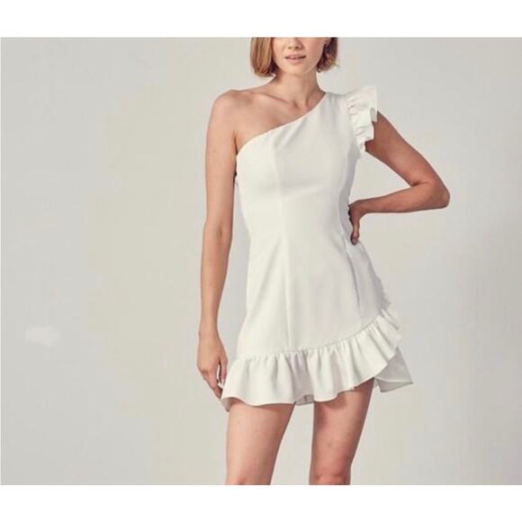 DO + BE White Ruffled One Sleeve Asymmetrical Mini Dress Small - Picture 1 of 14